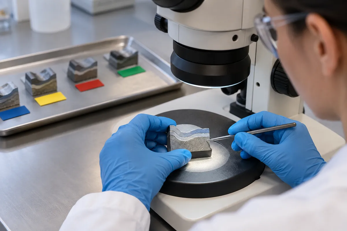 Quality technician examines a prepared cross-section from a coated metal hardware sample