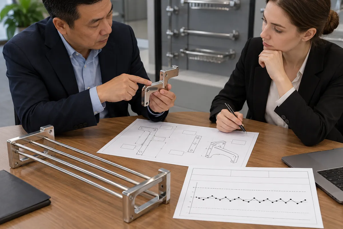 Importer and supplier quality reviewer compare a bathroom rack bracket drawing and process chart to distinguish stability from buyer requirements