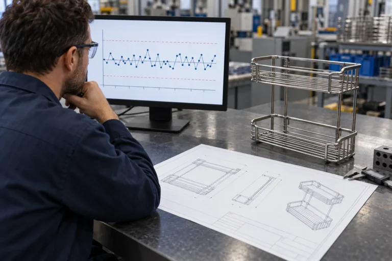 Supplier quality engineer reviews process-monitoring evidence beside a formed bathroom storage rack