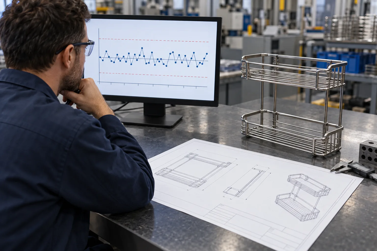 Supplier quality engineer reviews process-monitoring evidence beside a formed bathroom storage rack