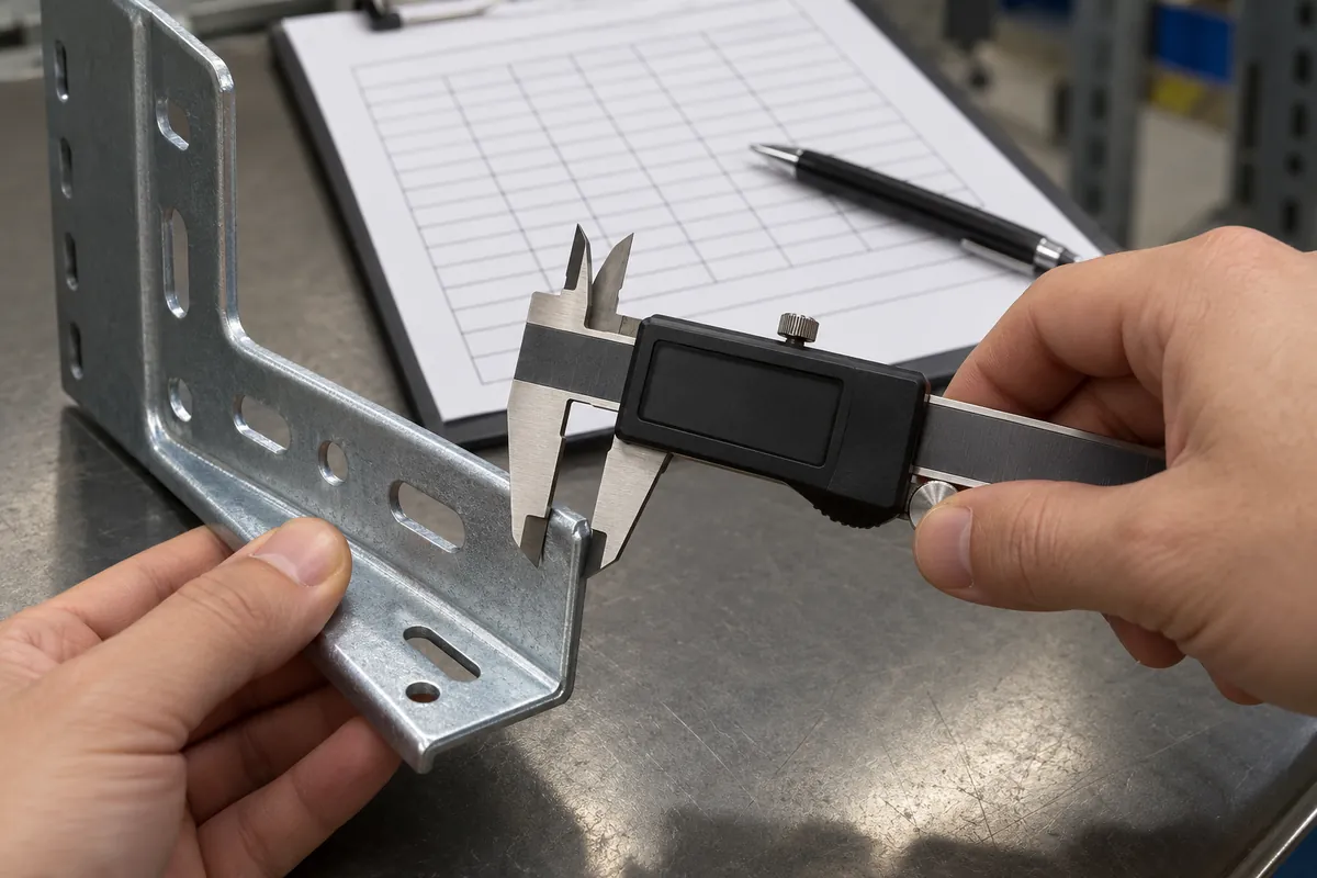 Supplier inspector measures a formed metal rack bracket feature for dimensional process monitoring
