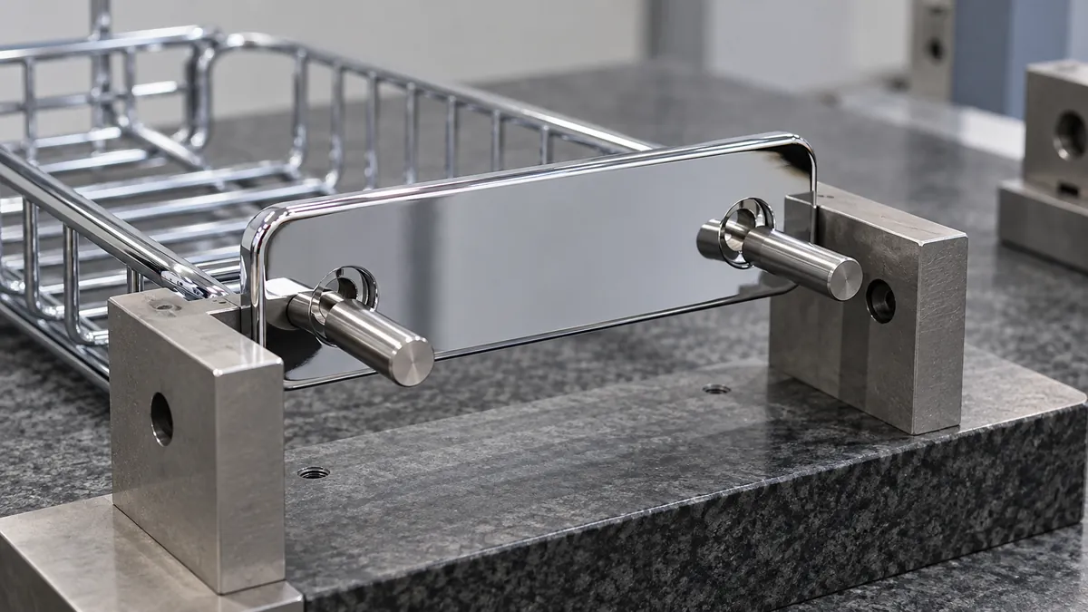 Two mounting holes on a chrome bracket checked with plain gauge pins