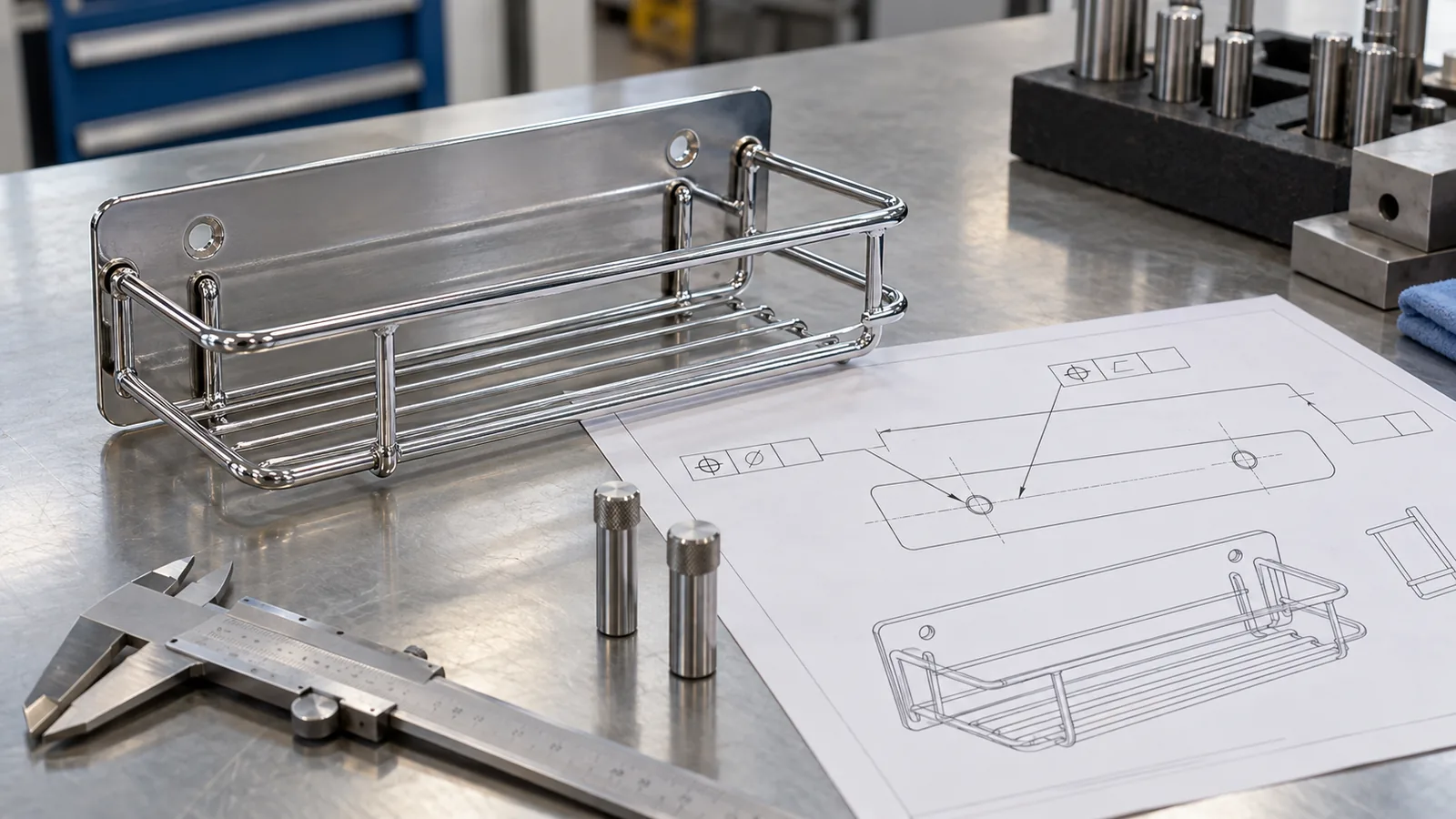 Chrome wire bathroom rack and two-hole mounting plate beside an engineering drawing and inspection tools