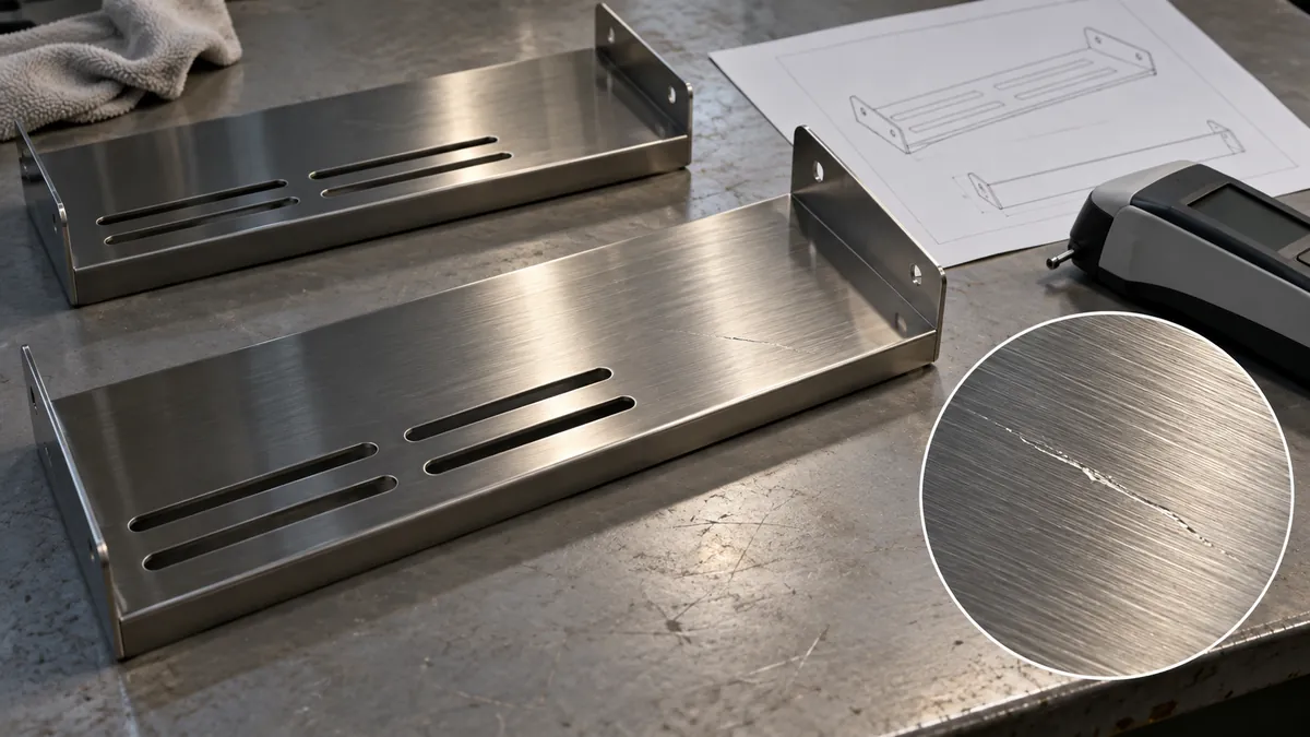 A brushed stainless bathroom hardware panel under low-angle inspection lighting revealing a localized scratch among the fine directional finish