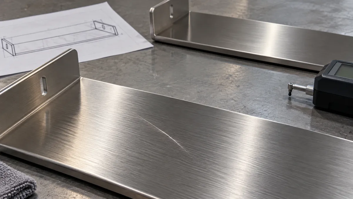A brushed stainless bathroom hardware panel under low-angle inspection lighting revealing a localized scratch among the fine directional finish