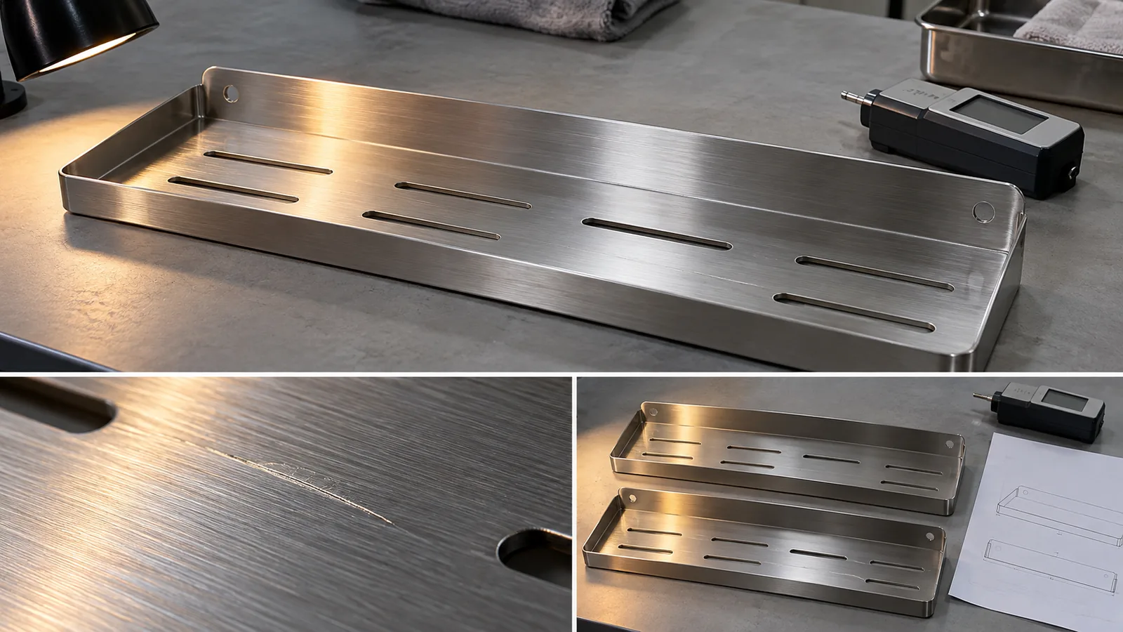 A brushed stainless bathroom hardware panel under low-angle inspection lighting revealing a localized scratch among the fine directional finish