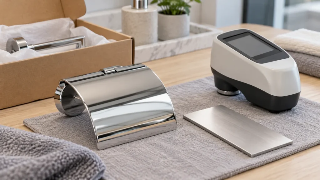 Curved coated bathroom hardware sample and flat finish coupon beside a compact color-measurement instrument