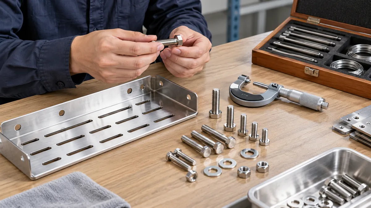 Buyer compares bolt samples, micrometer and measuring-wire case beside rack mounting plate