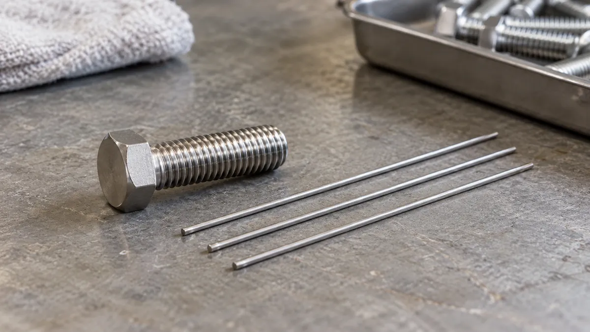 Macro of a threaded bolt lying on bench beside three equal measuring wires, not a fabricated operating measurement