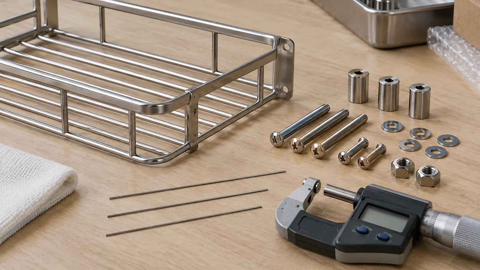 Metal rack assembly bolts on inspection table beside three equal fine measuring wires and a micrometer with blank display