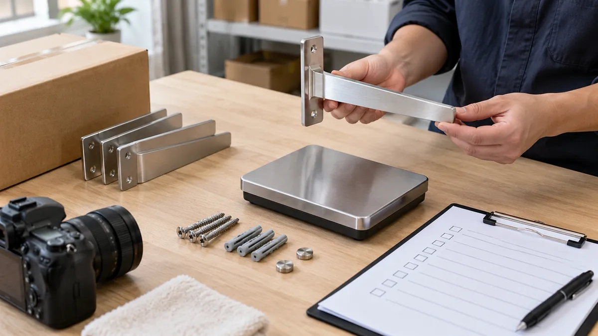 Buyer prepares bracket and scale on flat inspection table with camera and blank photo checklist