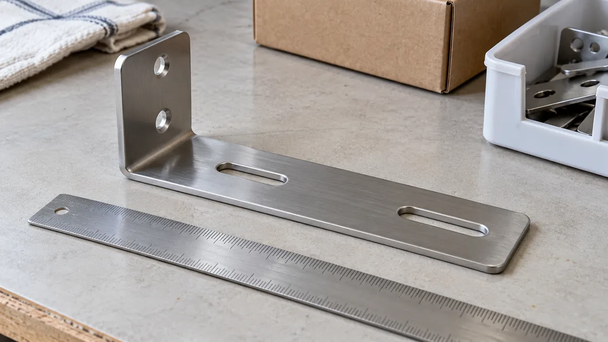 Close photograph of metal bracket and plain scale lying in the same plane on inspection table