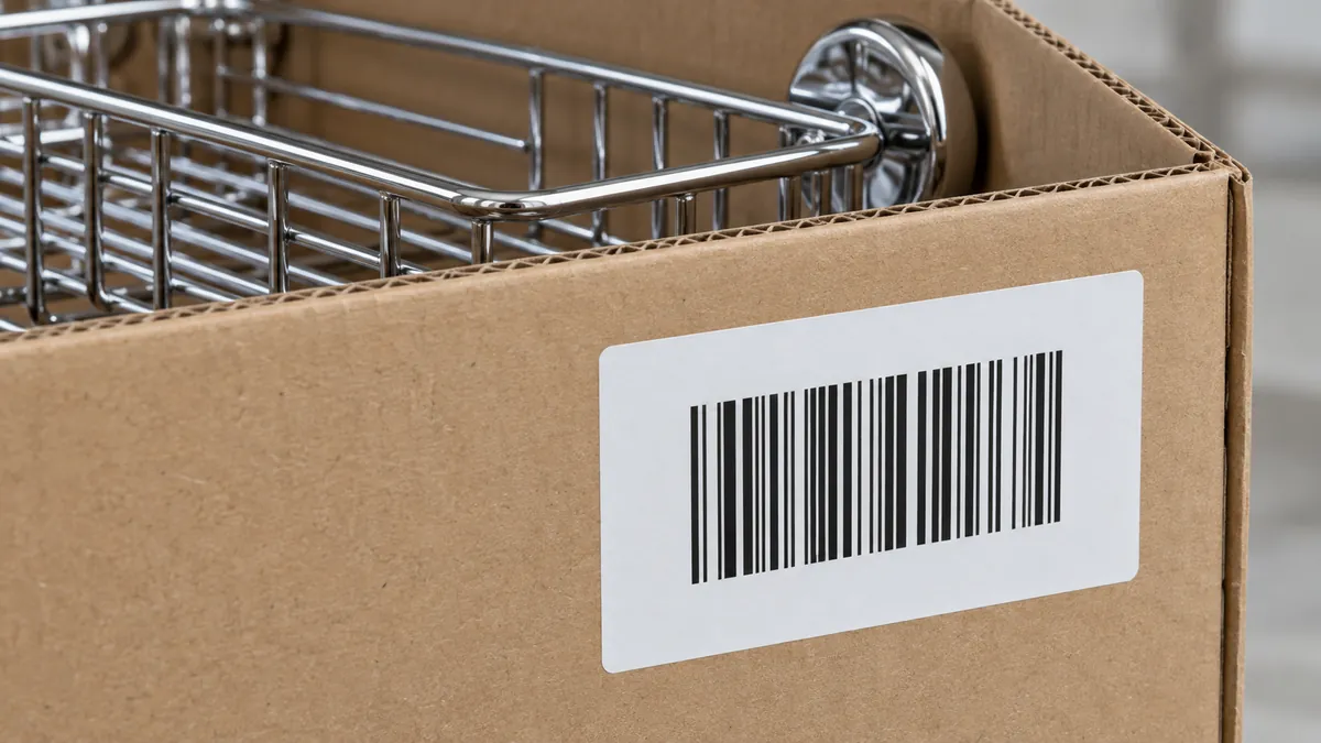 Chrome wire bathroom shelf protected in a corrugated export carton with a clear barcode label margin