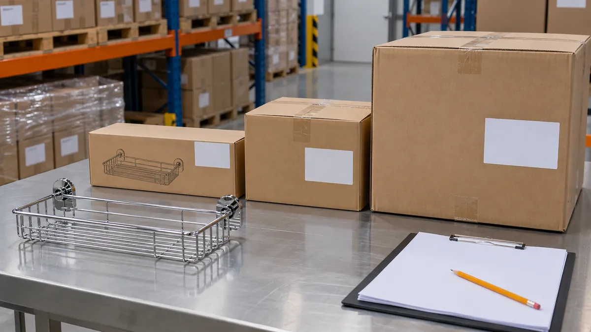 Private-label metal shelf and three package levels arranged for a blank artwork and label review