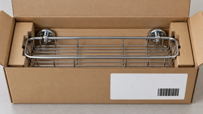 Chrome wire shower shelf protected in a corrugated export carton with a barcode label on a flat panel