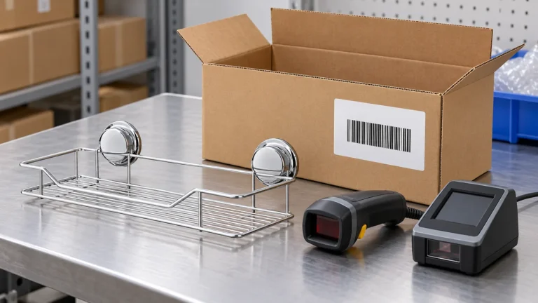 Two-suction wire basket beside an export carton with a scanner and optical barcode verifier