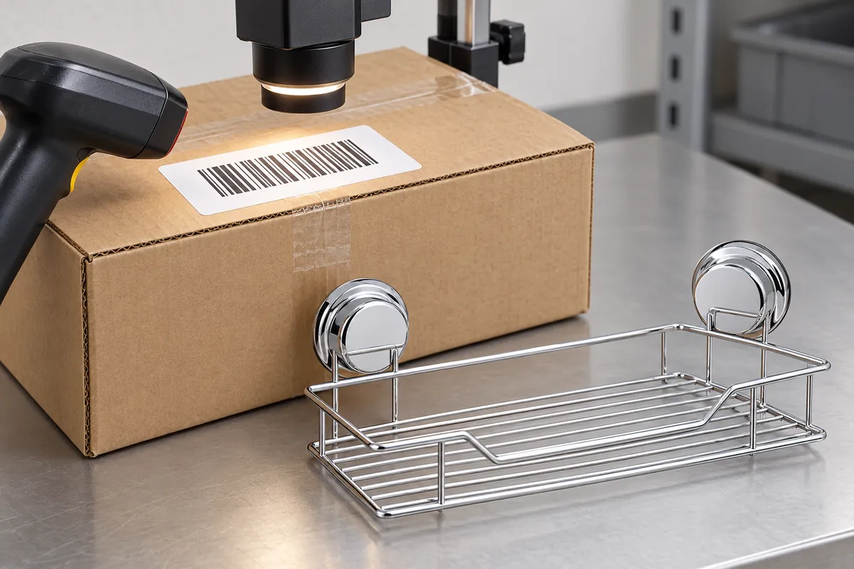 A handheld scanner and optical verifier inspect a carton label beside a two-suction wire basket