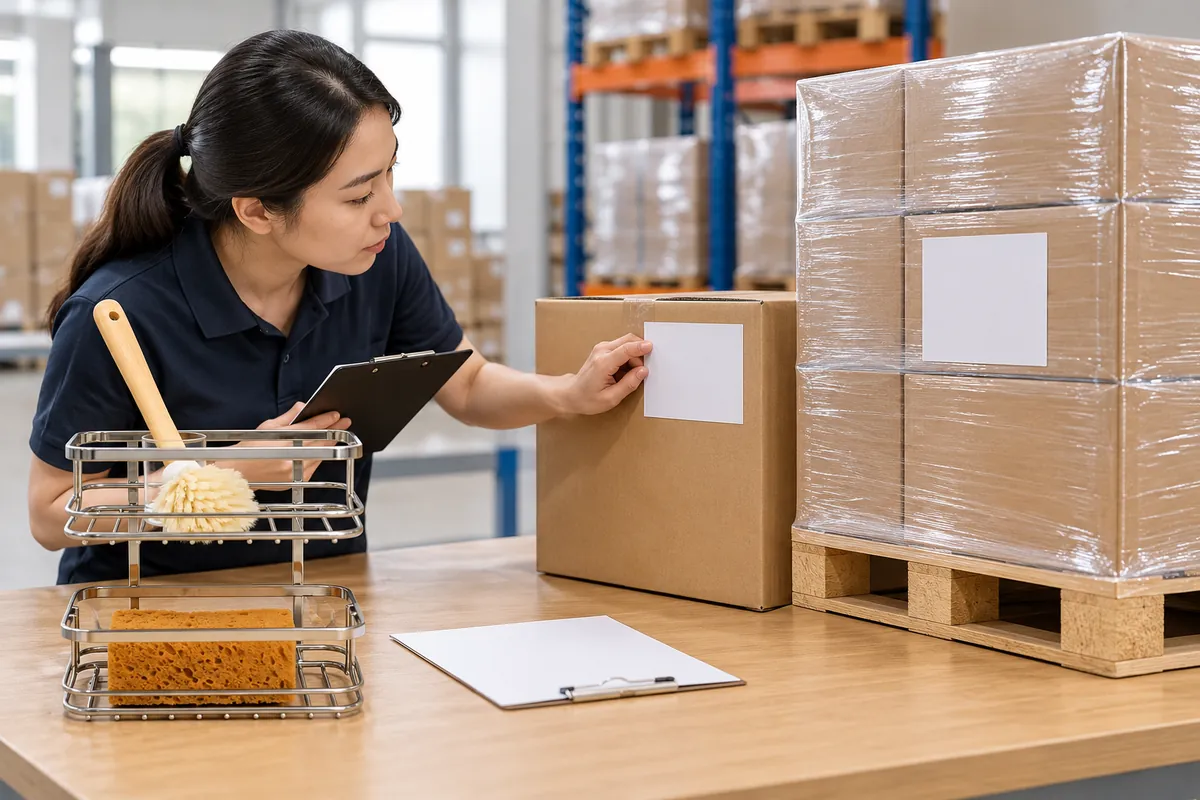 Buyer compares blank carton and pallet label positions beside a chrome storage basket