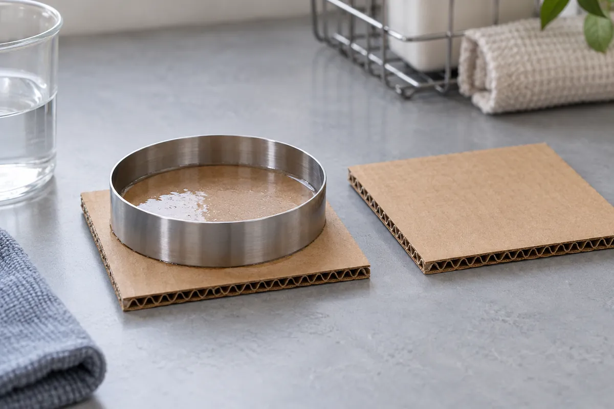 Corrugated board coupon beneath a metal test ring illustrates surface water absorptiveness testing