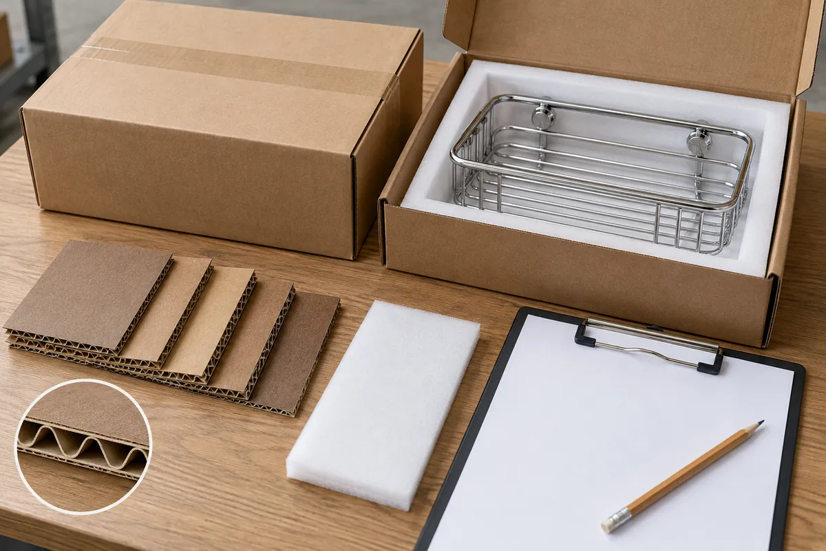 Corrugated board swatches, export carton, protected metal shower basket and blank buyer inspection sheet