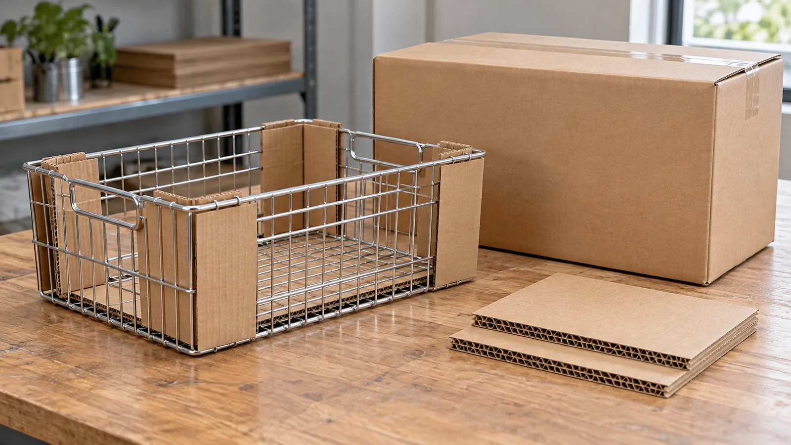 Corrugated carton inserts protect a polished metal storage basket beside export packaging samples