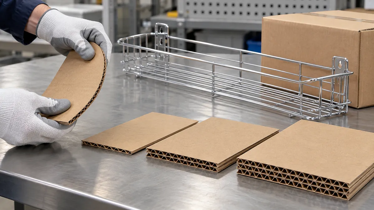 Corrugated board panel samples with visible flutes beside a chrome wire storage rack