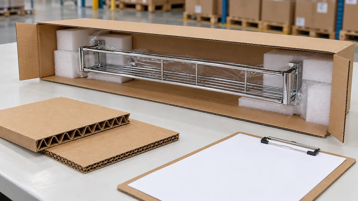 Open long carton with protected metal rack, corrugated coupons and blank buyer review sheet