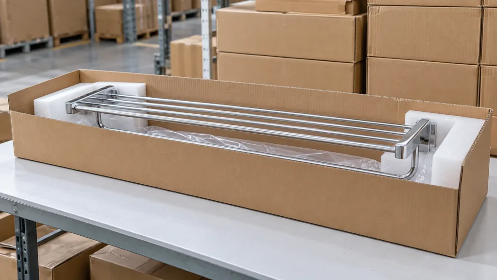 Long corrugated export carton protecting a chrome bathroom rack with broad panels visible