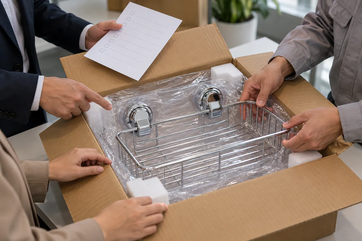 Buyer and supplier review a two-suction wire basket pack-out with stretch film and cushioning