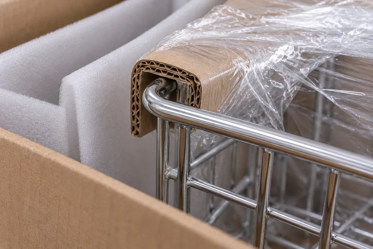 Corrugated edge guard separates stretch film from a rounded chrome wire basket junction
