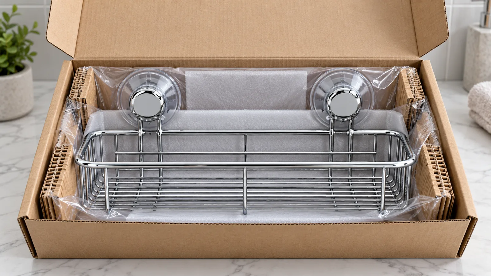 Chrome two-suction bathroom basket protected inside a carton with corrugated guards and stretch film