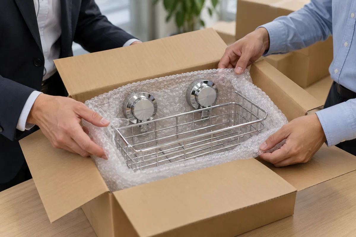 Buyer and supplier inspect a protected two-suction wire basket inside a corrugated carton
