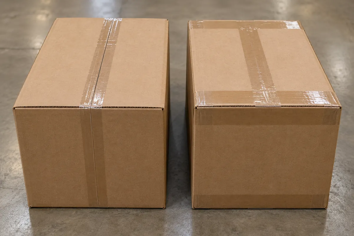 Plain corrugated cartons compared with center-seam tape and H-pattern tape closures