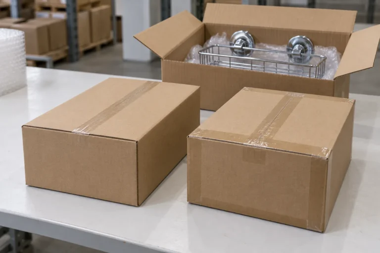 Plain cartons compare center-seam and H-seal closures beside an open box containing a two-suction wire basket