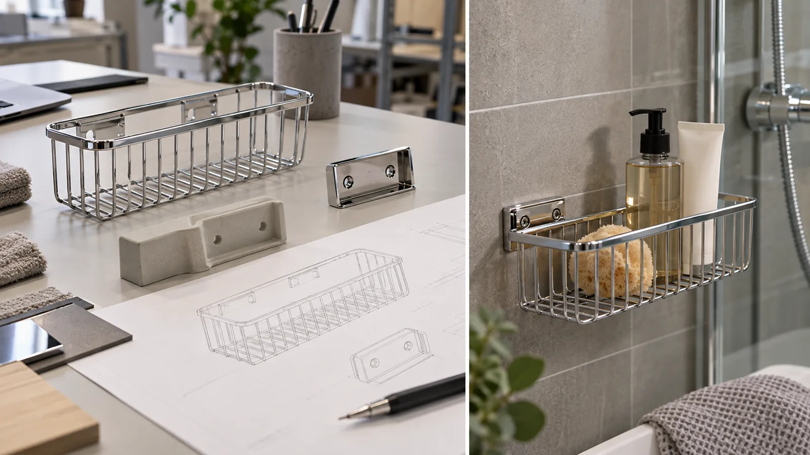 Chrome wire bathroom basket and two-hole screw-mounted bracket beside a product drawing and installed sample