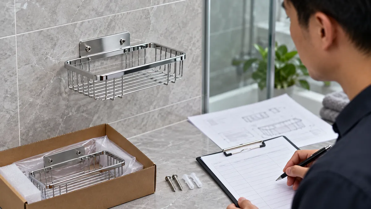 Chrome wire bathroom basket and two-hole screw-mounted bracket shown beside an installed sample