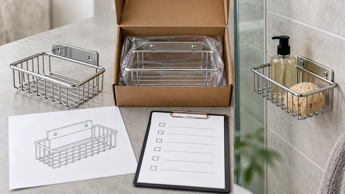 Bathroom basket, drawing, packed sample and blank buyer checklist for product approval