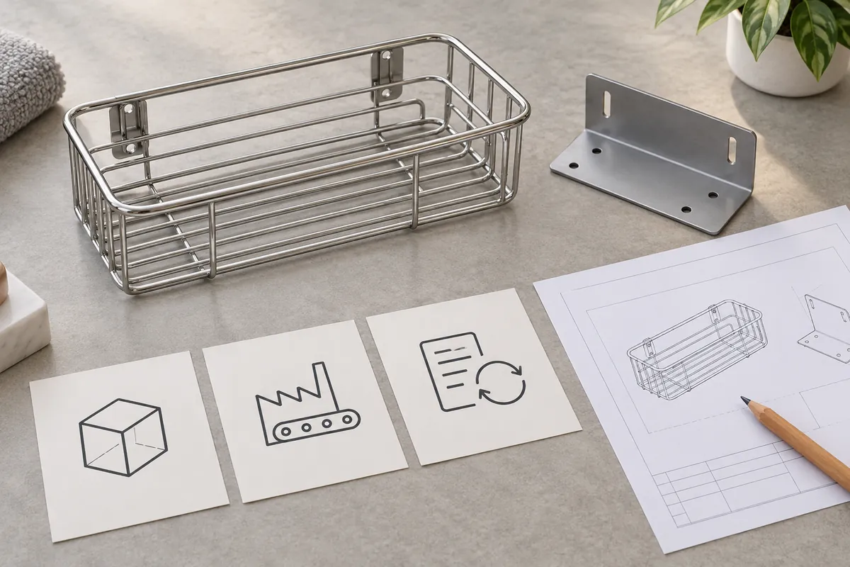Metal storage basket samples, mounting bracket, drawing revision sheet and visual cards for a buyer risk review