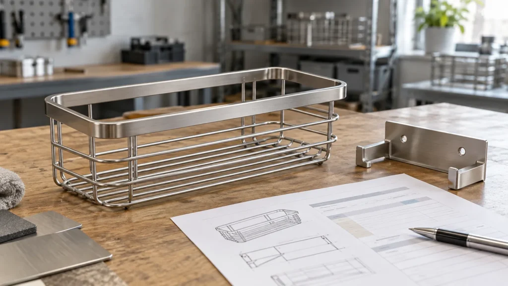 Metal bathroom storage basket and mounting bracket beside a product and process risk review worksheet