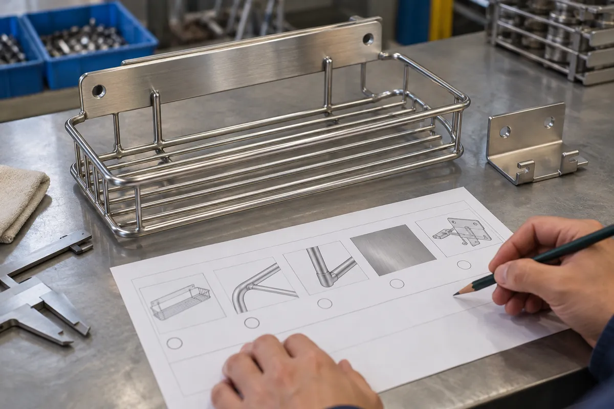 Metal bathroom storage basket and mounting bracket reviewed beside a blank product and process checkpoint sheet