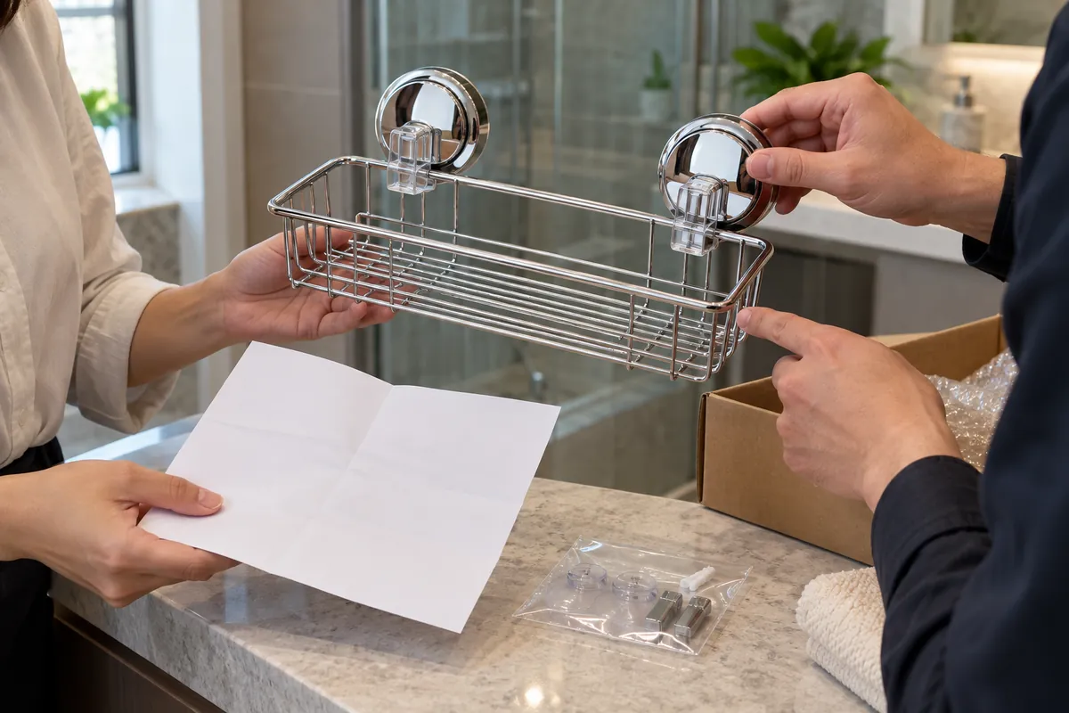 Buyer and supplier review a two-suction wire basket against a product definition sheet