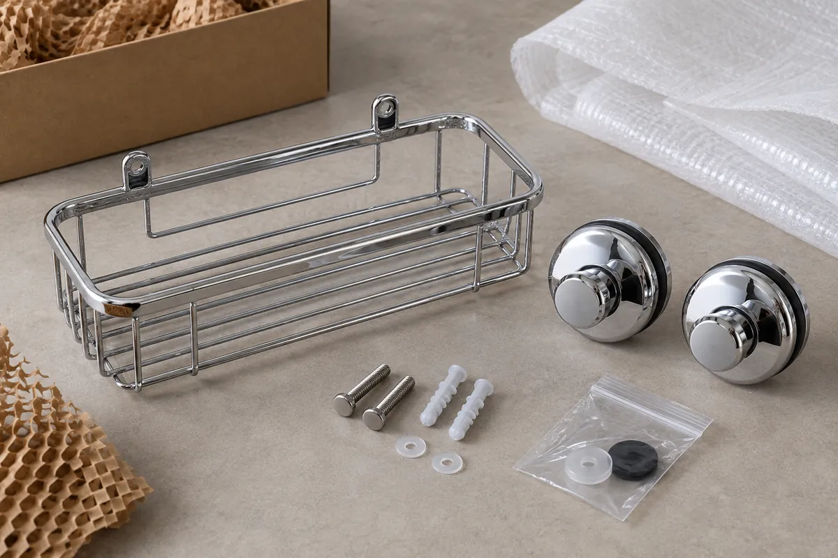 Chrome wire basket, two suction mounts, fasteners and packaging shown as separate kit components