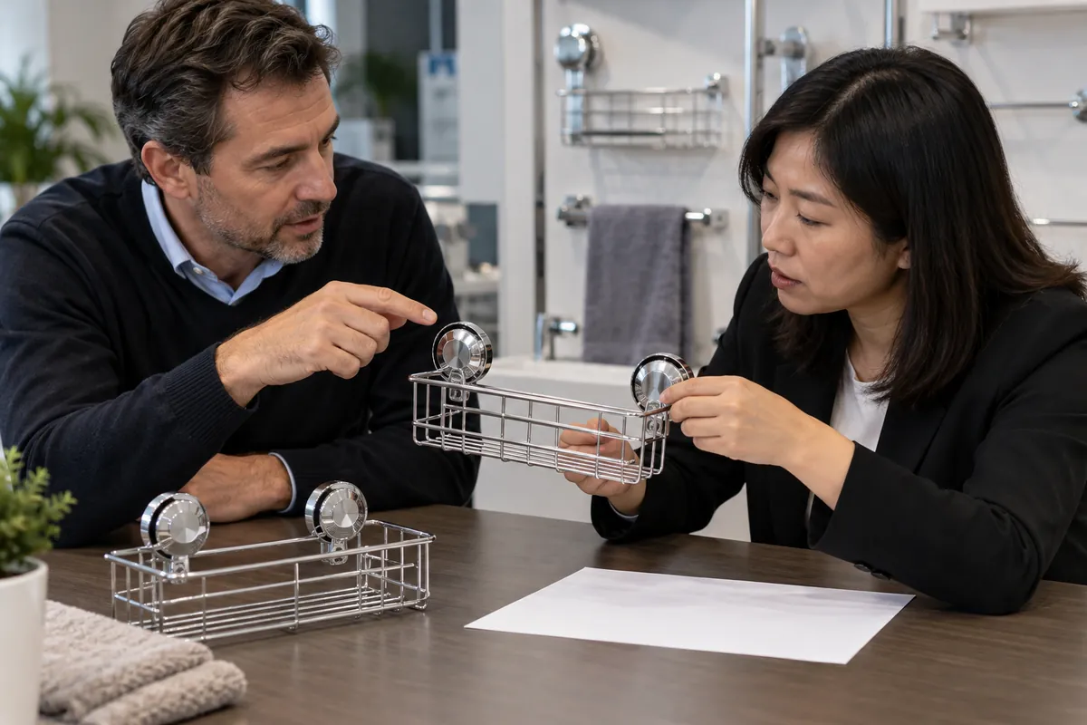 Buyer and supplier inspect a two-suction chrome wire basket during a production planning discussion