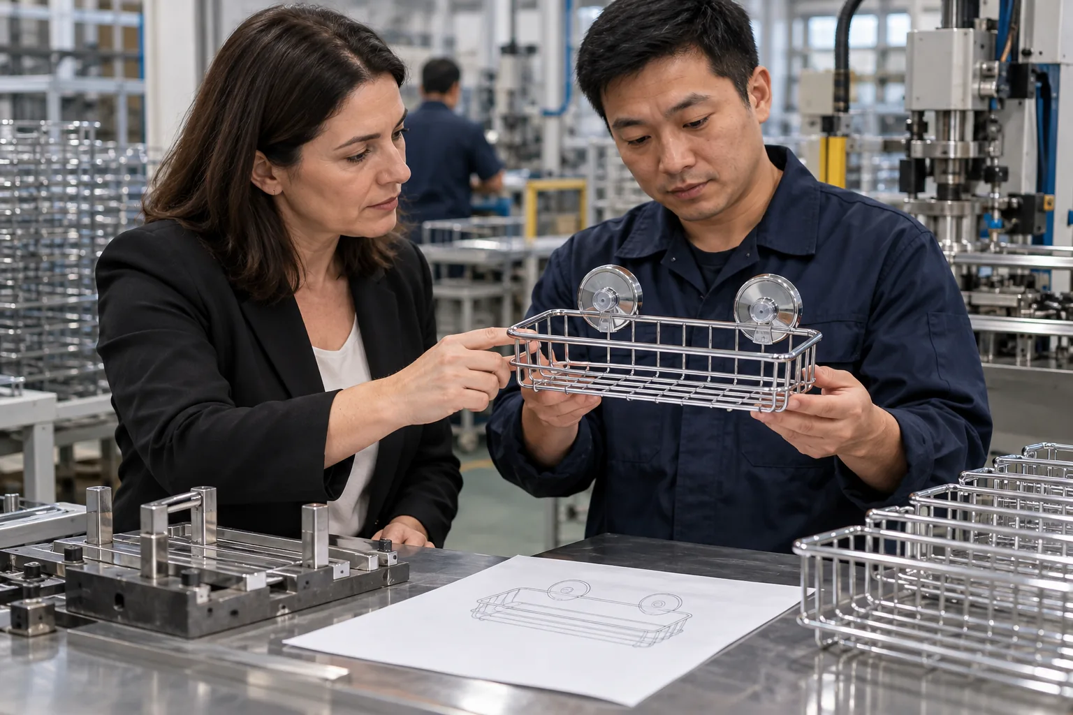 Buyer and supplier inspect a two-suction wire basket in a metal hardware production area