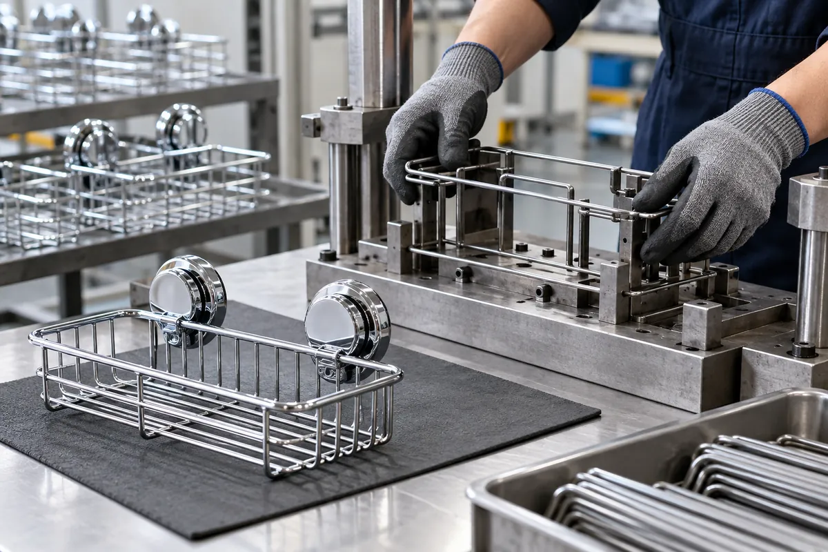 Worker changes a wire-forming fixture beside chrome two-suction bathroom baskets