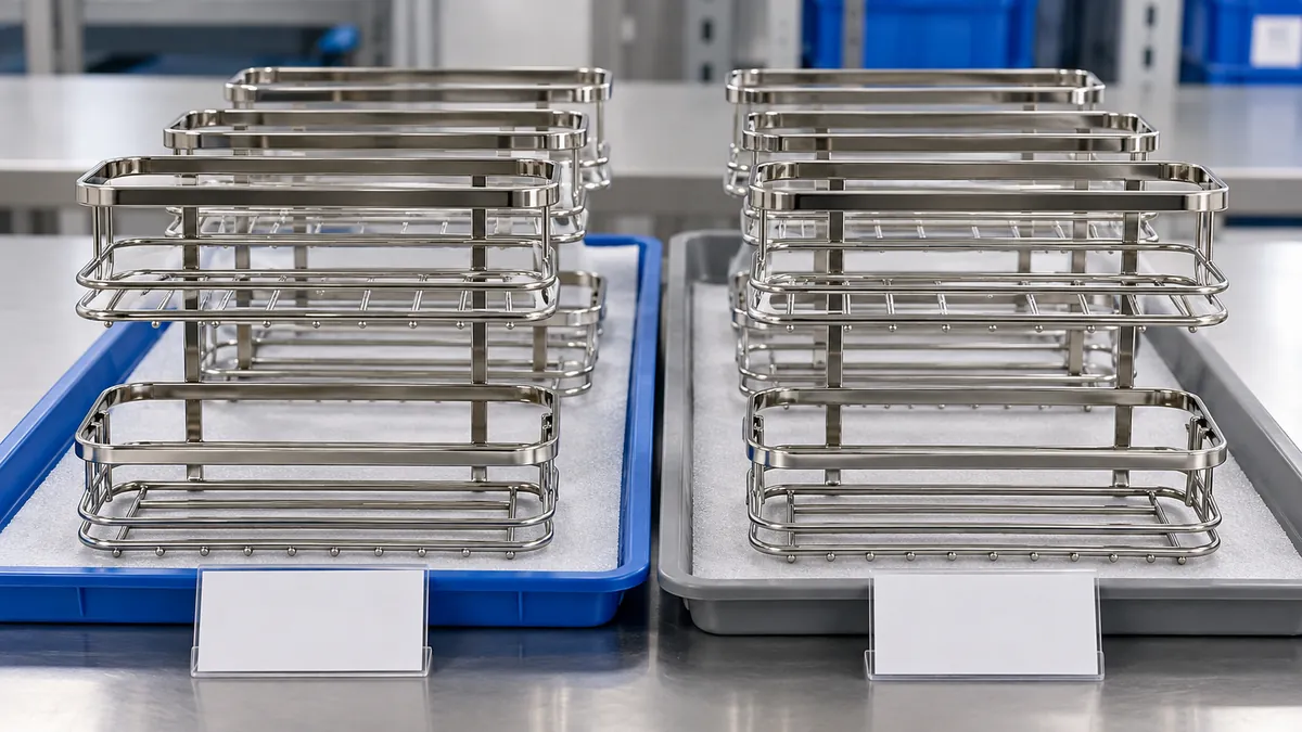 Separate trays of chrome bathroom basket components at incoming and outgoing finishing inspection, physically segregated batches with blank identification cards