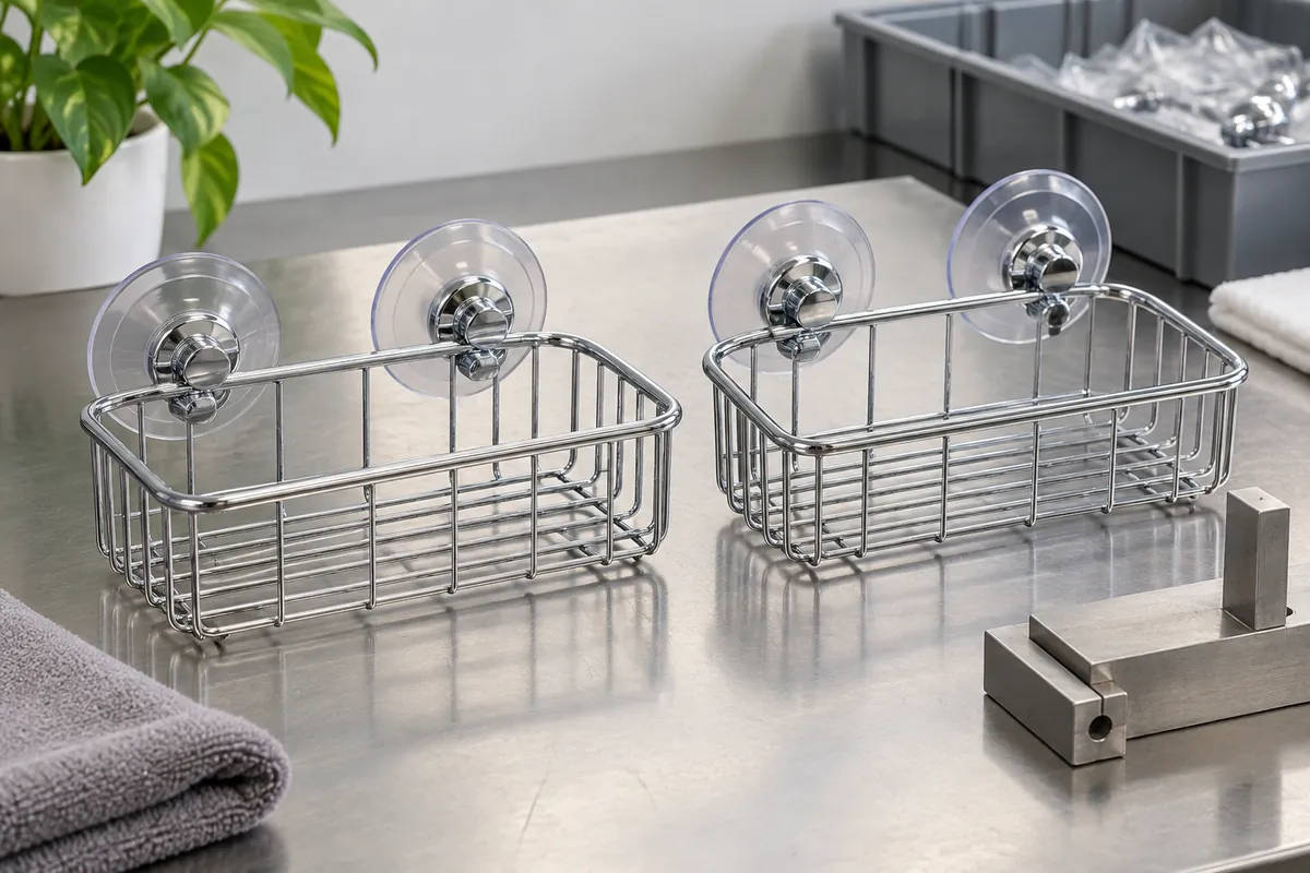 Buyer and supplier review two two-suction wire basket samples against an inspection record