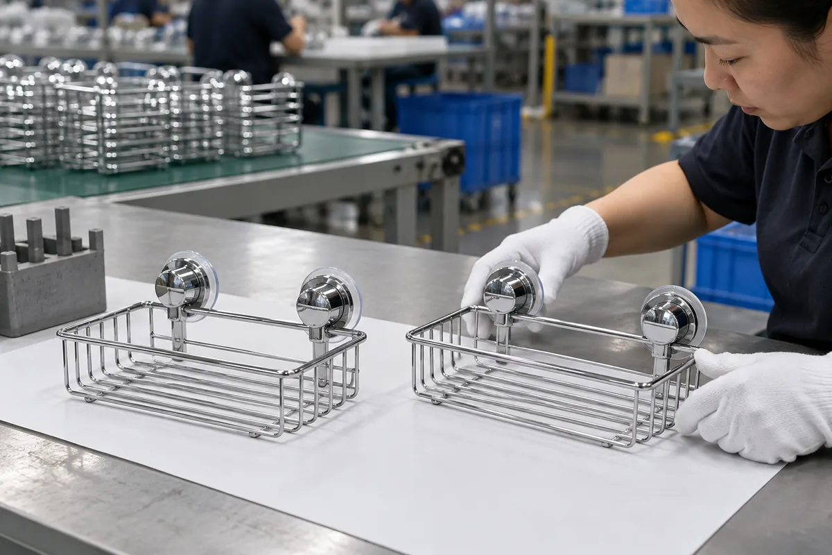 Inspector compares two chrome two-suction wire baskets from a production run