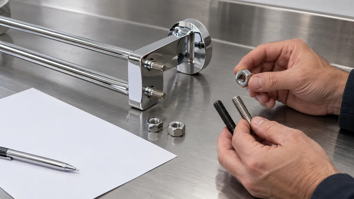 Buyer and supplier compare coated rack bolt samples with the specified matching nut and drawing