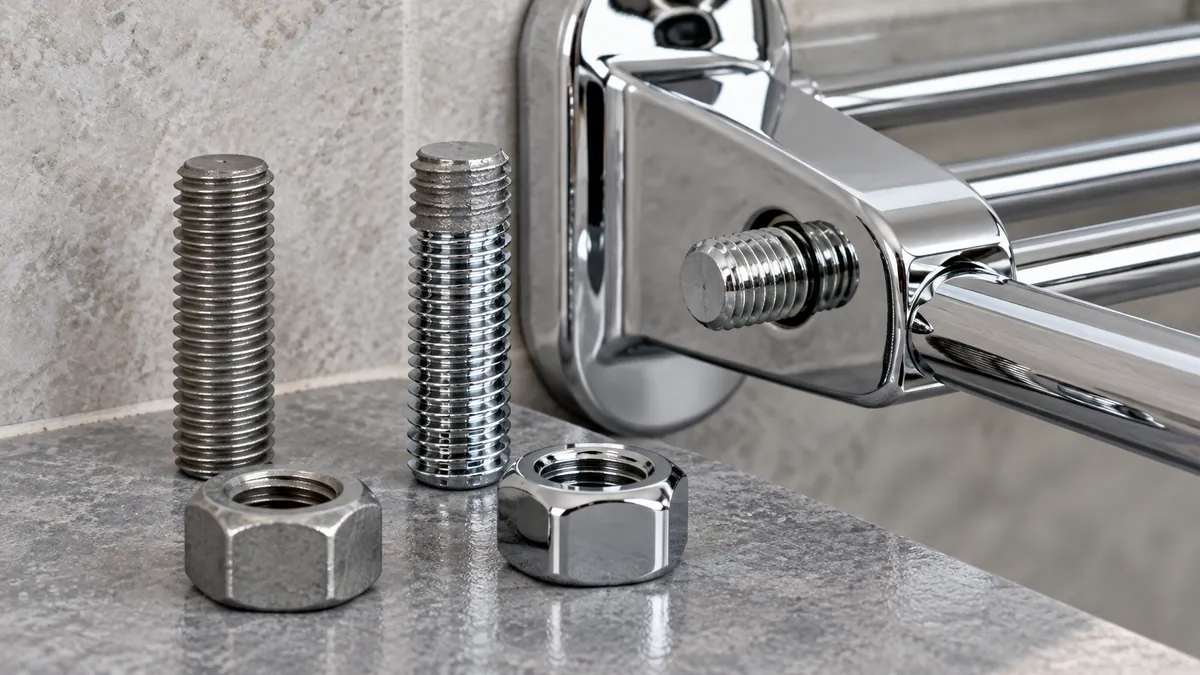 Close view of a coated rack bolt thread entering a matching nut to show the finished interface